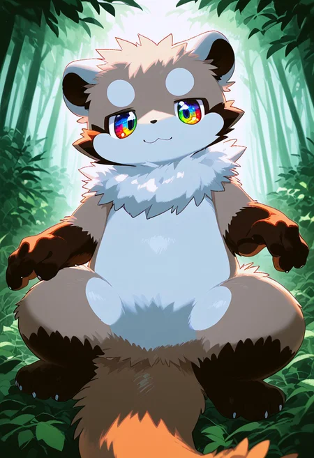 zuppu11, full body, solo, furry, score_9, score_8_up, look at viewer, male focus, raibow eyes, rainbow eyes, no humans, fractal iris, furry male, ferret, Fixhand, sitting on silent forest