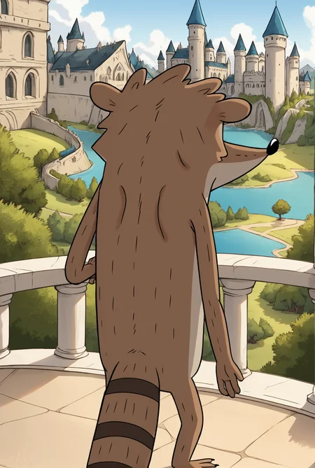 score_9, score_8_up, score_8,
<lora:Rigby_Regular_Show_for_PonyXL:0.8> 1boy, male focus, furry male, r1gby, racoon, solo, tail
parody, source_cartoon,
rear view, castle, scenery, balcony,
