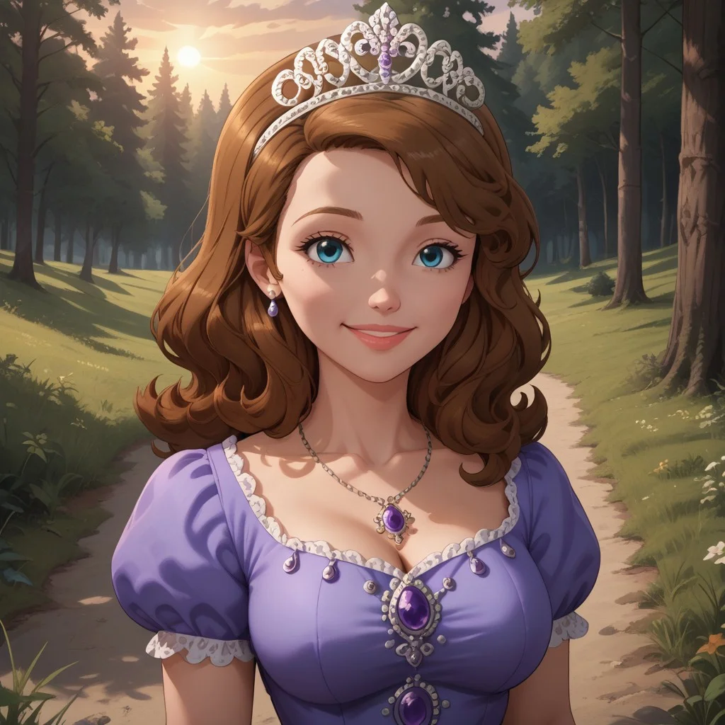 score_9, score_8, BREAK, solo, Sofia_The_First, 1girl, brown hair, blue eyes, purple dress, long dress, tiara, necklace, sandals, tall, adult female, mature female, big breasts, self portrait, smile, looking at viewer, outdoors, sunlight, shadows, evening lighting, natural lighting, forest, trees, grass, orange sky, sunset
