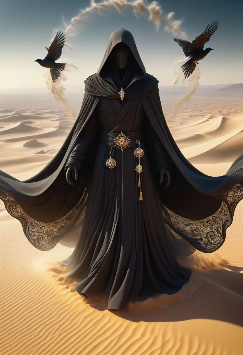 billowy reaper etherical ghostly wind blown black robe, arid ambiance, desert, baking sun, filigree, birds eye  View