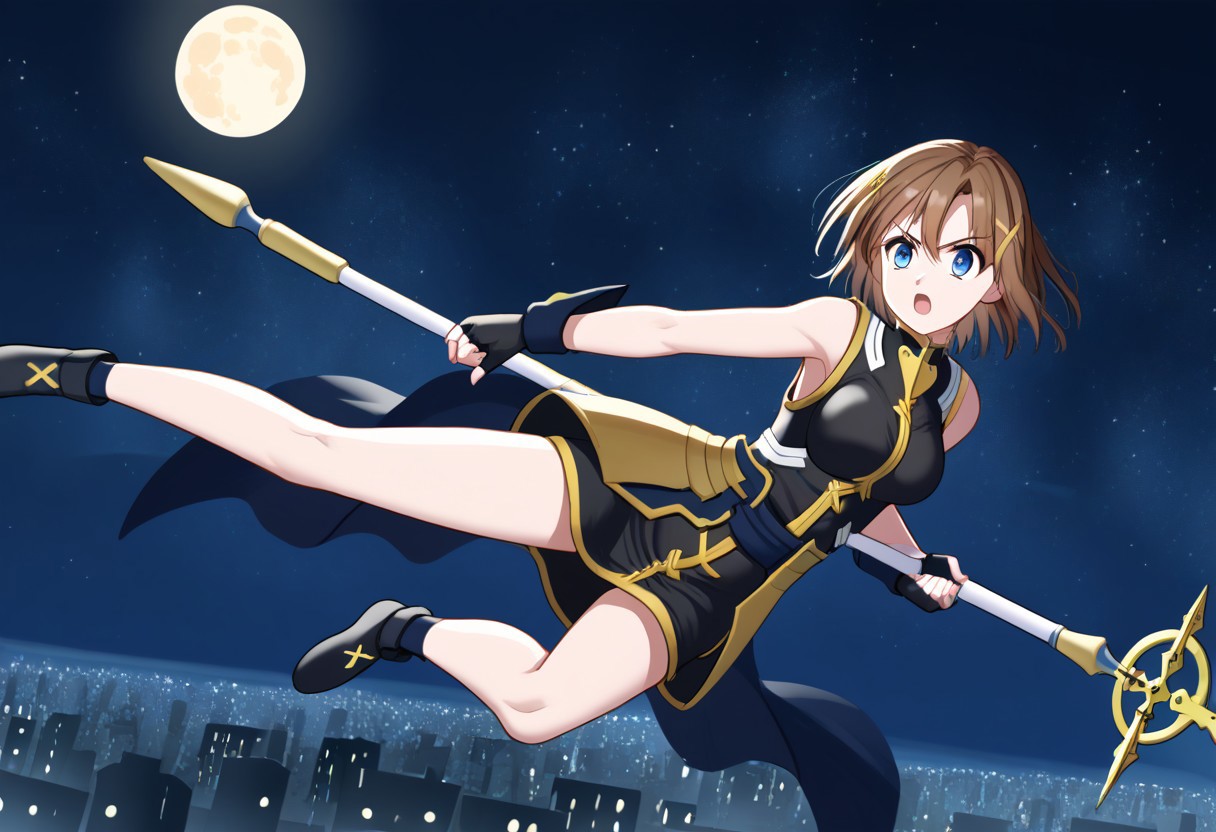score_9, score_8_up, score_7_up, source_anime, good anatomy, 11girl, solo, HayateYagami, brown hair, short hair, x hair ornament, blue eyes, black dress with gold trim, short dress, fingerless gloves, bare shoulders, bare legs, no corset, fighting stance, night sky, cross staff, holding cross staff, holding, moon, stars, city, floating, open mouth, no waist cape, no corset, no faulds