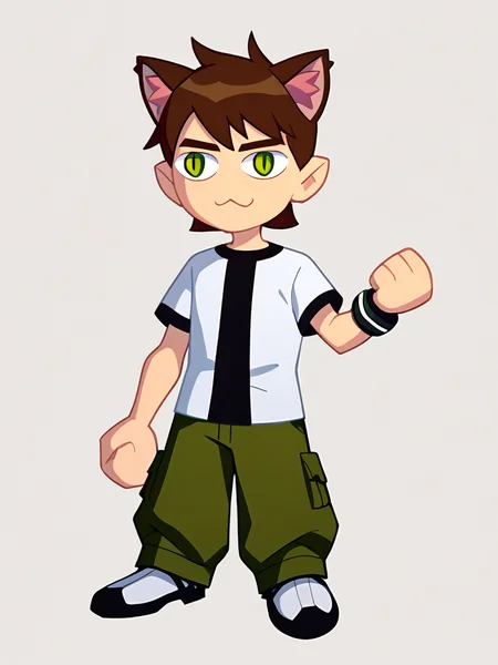score_9, score_8_up, score_7_up, BREAK,
1boy, necoarc, cat ears,
bentennyson, brown hair, green eyes,
green cargo pants, shirt,
standing, chibi, solo, full body, white background <lora:necoarc-guy-PONY-v1:1>     <lora:Ben10XL_byKonan:1>
