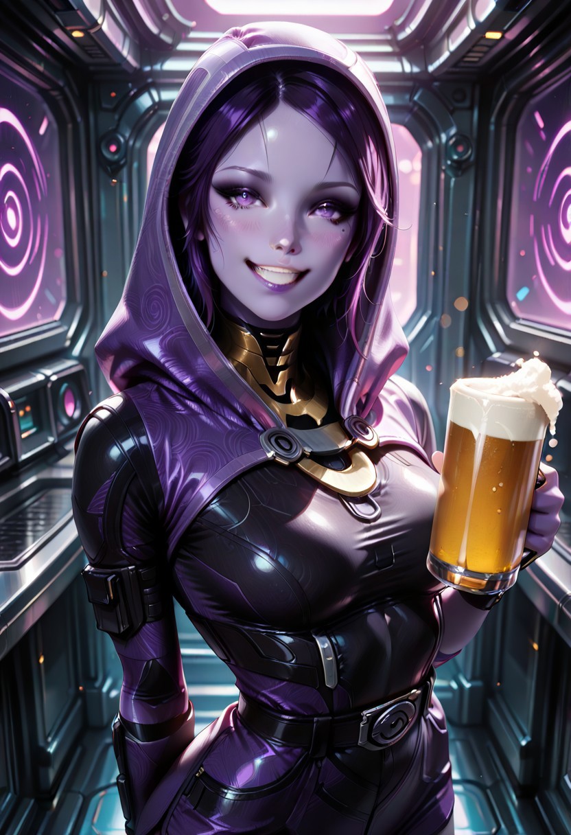 masterpiece, best quality, amazing quality, dynamic view, looking_at_viewer, 1girl, 
masterpiece, best quality, bokeh, luminescent background,
(  talizorah,, 
quarian, purple skin, purple eyes, purple hair, short hair, purple lips, medium breasts,,
 bodysuit,black bodysuit,  purple bodysuit, hood, hood up, helmet, mask, see-through mask, purple visor,  boots, glowes, belt, )
looking_at_viewer, 1girl, masterpiece, best quality, bokeh, luminescent background, hand up, thumbs up, grin, looking at viewer, happy, (neon), plastic, (Scifi Style room), (cyberpunk), upper body, bar, half-closed eyes, sitting, stool, counter, holding beer stein, open mouth, blush, happy, open mouth