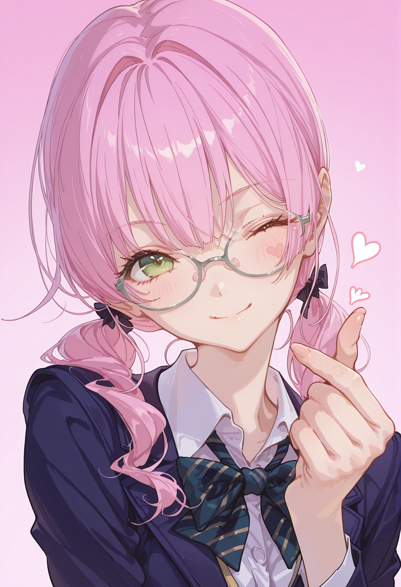 Nai3 style,HG2512,masterpiece,best quality,good quality,very aesthetic,absurdres,newest,mizi (alien stage),1girl,blue jacket,bow,bowtie,closed mouth,collared shirt,diagonal-striped bow,diagonal-striped bowtie,diagonal-striped clothes,finger heart,glasses,gradient background,green eyes,head tilt,heart,jacket,official alternate costume,one eye closed,pink background,pink hair,portrait,school uniform,shirt,smile,solo,striped clothes,white shirt,Twin ponytails,