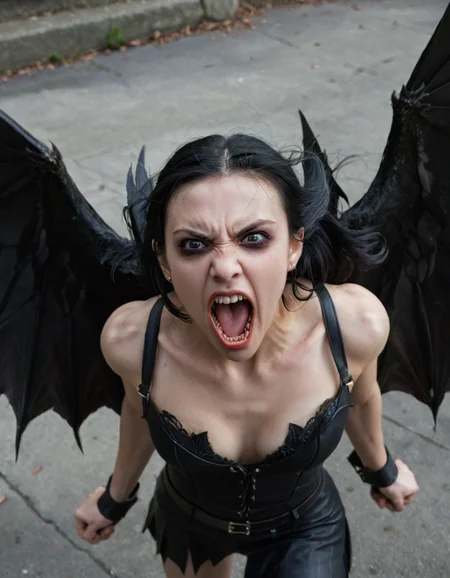 1girl, black hair, black eyes, vampire, black wings, dynamic combat pose, fierce look, open mouth, fangs, detailed raw photo, realistic, photorealistic <lora:epiCRealismXL-KiSSEnhancer_Lora:1>