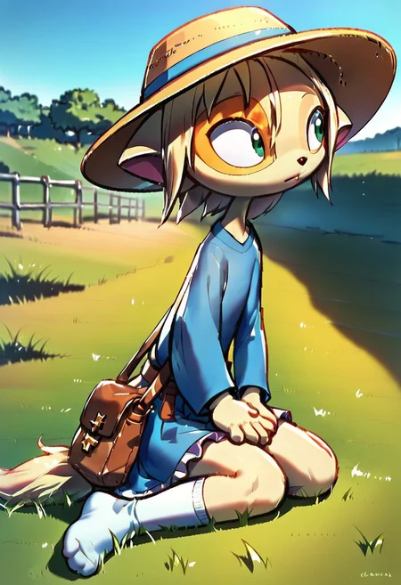 <lora:Paige_v2_r1:0.8>,
score_9,score_8_up,score_7_up,paige,
1girl,solo,furry,
hair slicked back,
dutch angle, sitting, looking afar, hands on own thighs, own hands together,
BREAK Fedora Hat, Frill Hem Dress, Shoulder Cross Bag, High Knee Socks, savana, yellow grass land, field,
BREAK general, (doribae:0.85), (chikafumikou:0.55), very awa, masterpiece, best quality, absurdres, highres, newest,