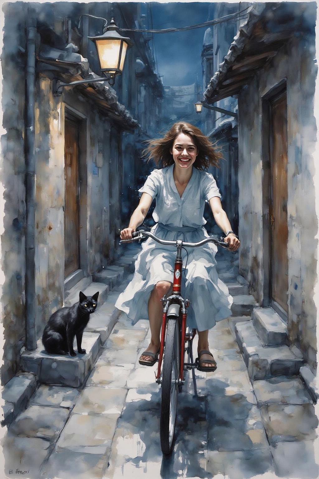 yawc1 watercolor.
A Japanese school girl riding a old style bicycle through a narrow, quiet street at night. The happy woman wears a simple, flowing dress. In the corner, a small black cat with piercing eyes sits watching her quietly. The mood is tranquil and slightly magical. Soft lighting, deep blue tones, detailed shading, ethereal, cinematic composition <lora:yawcolor_nocap_d4a2:1.0><lora:798377868775261968:0>
