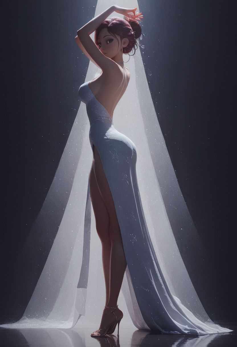 score_9, score_8_up, score_7_up, score_6_up, score_5_up, score_4_up, 1girl, beautiful 18 year old, full body shot, dress with intricate details and high slit, bokeh, shallow depth of field, updo, view from side, back arched, head tilted, knees bent, dramatic cinematic lighting, spotlight, dark background, hands above head, round face, sexy dance pose, view from behind, turning to look at viewer, soft textured matte skin, extra fine realistic hair, source_pixar, 3D animation,