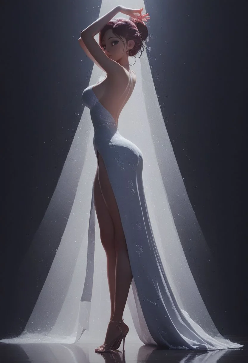 score_9, score_8_up, score_7_up, score_6_up, score_5_up, score_4_up, 1girl, beautiful 18 year old, full body shot, dress with intricate details and high slit, bokeh, shallow depth of field, updo, view from side, back arched, head tilted, knees bent, dramatic cinematic lighting, spotlight, dark background, hands above head, round face, sexy dance pose, view from behind, turning to look at viewer, soft textured matte skin, extra fine realistic hair, source_pixar, 3D animation,