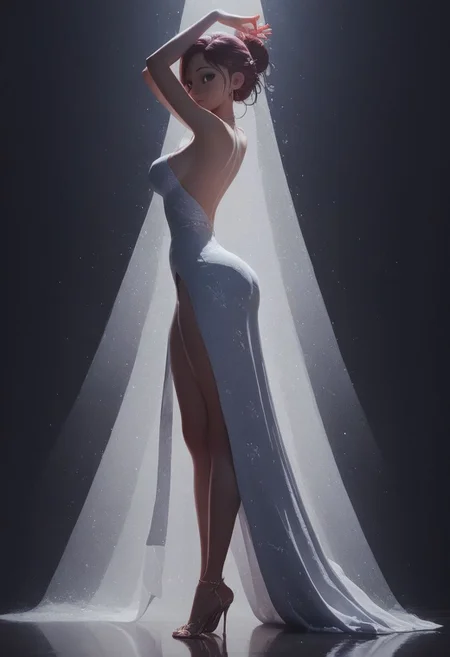 score_9, score_8_up, score_7_up, score_6_up, score_5_up, score_4_up, 1girl, beautiful 18 year old, full body shot, dress with intricate details and high slit, bokeh, shallow depth of field, updo, view from side, back arched, head tilted, knees bent, dramatic cinematic lighting, spotlight, dark background, hands above head, round face, sexy dance pose, view from behind, turning to look at viewer, soft textured matte skin, extra fine realistic hair, source_pixar, 3D animation,
