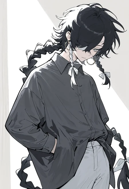 masterpiece, highres, absurdres, newest, very awa, white background, natural lighting, 1boy, solo, short hair, black hair, white eyepatch, hair over one eye, braided ponytail, very long ponytail, braided sidelock, white hair bow, hoop earrings, grey eyes, oversized black dress shirt, white pants, hands in pockets, <lora:AIK300068733>, <lora:noobai_ep11_stabilizer_v0.30_fp16:0.7>,