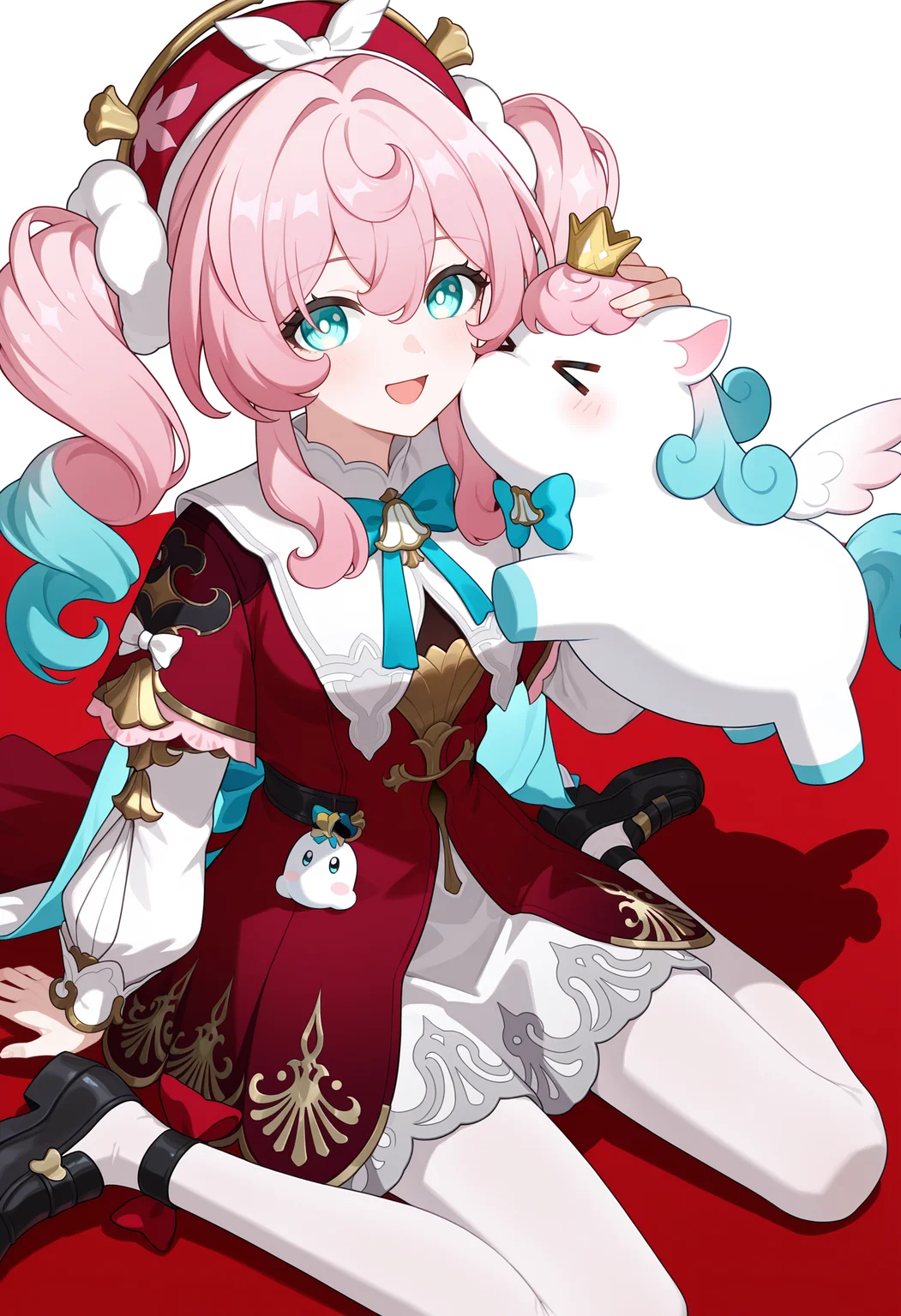 <lora:hal illustrious-1.0-000050:1>,
little ica \(honkai: star rail\),
hyacine \(honkai: star rail\),pink hair,smile,red dress,twintails,open mouth,looking at viewer,long sleeves,red hat,blue bow,bowtie,long hair,blue bowtie,hair between eyes,blush,:d,solo,ribbon,aqua eyes,hand up,multicolored hair,blue eyes,blue hair,cowboy_shot,white pantyhose,black footwear,wariza,full body,>_<,open eyes,kiss,mutual kiss,1girl,solo,