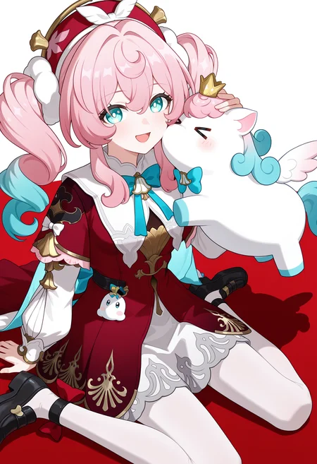 <lora:hal illustrious-1.0-000050:1>,
little ica \(honkai: star rail\),
hyacine \(honkai: star rail\),pink hair,smile,red dress,twintails,open mouth,looking at viewer,long sleeves,red hat,blue bow,bowtie,long hair,blue bowtie,hair between eyes,blush,:d,solo,ribbon,aqua eyes,hand up,multicolored hair,blue eyes,blue hair,cowboy_shot,white pantyhose,black footwear,wariza,full body,>_<,open eyes,kiss,mutual kiss,1girl,solo,