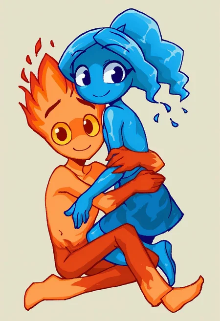 score_9, score_8_up, score_7_up, score_6_up, score_5_up, score_4_up, BREAK
1girl, colored skin, blue skin, blue hair, watergirl, ponytail, hugging each other, together, 1boy, fire, fiery hair, yellow eyes, fireboy, no humans, smile, looking at viewer
