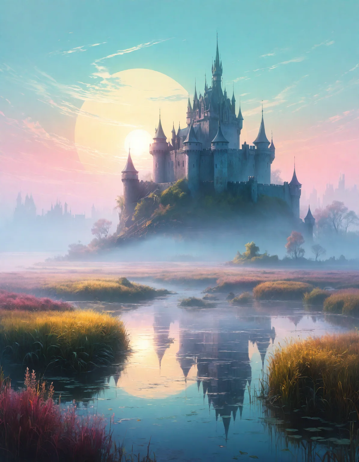 digital art, landscape of a Mistveil Castle of the Foggy Marshlands and Cyberpunk skyline, stylized by Jakub Różalski, Detailed illustration, natural lighting, Pastel Colors, fine polished, original, magic atmosphere, sunny, intricate artistic color, beautiful composition, complex artistic color composition