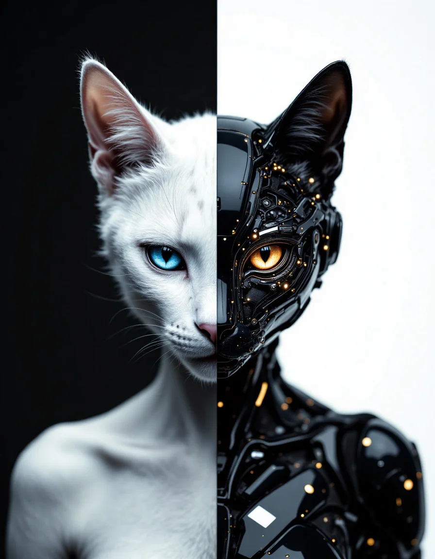 Anthropomorphic cat with sleek, futuristic features, half of its face appearing organic with smooth fur and expressive feline eyes, while the other half is exposed as a robotic structure with intricate gears, circuits, and glowing elements. The left side is covered in soft gray fur, and the right side reveals shiny black and silver mechanical parts. The background is split into two contrasting colors: deep black on the left and bright white on the right, emphasizing the duality of organic and synthetic. The cat has a calm and serene expression, symbolizing harmony between nature and technology. Highly detailed, minimalist style, 8K resolution, cinematic lighting,  <lora:aidmaFLuxPro1.1_v0.3:0.7> aidmafluxpro1.1,  <lora:Hocus Pocus:1>