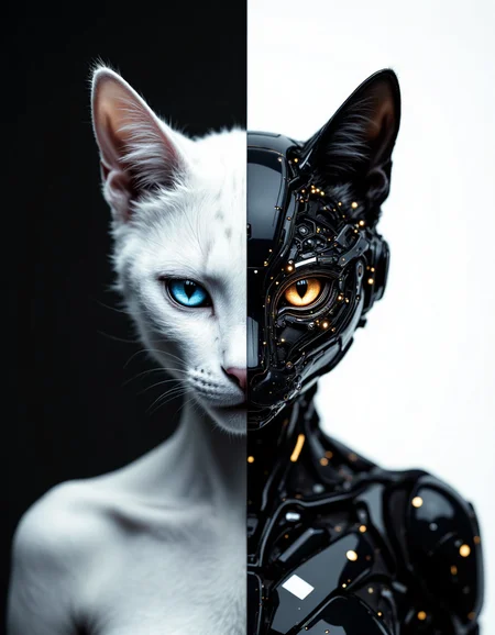 Anthropomorphic cat with sleek, futuristic features, half of its face appearing organic with smooth fur and expressive feline eyes, while the other half is exposed as a robotic structure with intricate gears, circuits, and glowing elements. The left side is covered in soft gray fur, and the right side reveals shiny black and silver mechanical parts. The background is split into two contrasting colors: deep black on the left and bright white on the right, emphasizing the duality of organic and synthetic. The cat has a calm and serene expression, symbolizing harmony between nature and technology. Highly detailed, minimalist style, 8K resolution, cinematic lighting,  <lora:aidmaFLuxPro1.1_v0.3:0.7> aidmafluxpro1.1,  <lora:Hocus Pocus:1>