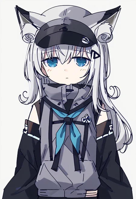 score_9, score_8_up, score_7_up, n102nikke, blue eyes, grey hair, long hair, fake animal ears,, grey jacket, long sleeves, black shorts, bike shorts,ears through headwear, kawakaze, blue eyes, white hair, long hair, fox ears, fox tail
Upper body,fox ears,fox tail nontraditional miko, japanese clothes, wide sleeves, ribbon-trimmed sleeves, detached sleeves, black gloves, black serafuku, blue neckerchief, black skirt, pleated skirt, thighhighs