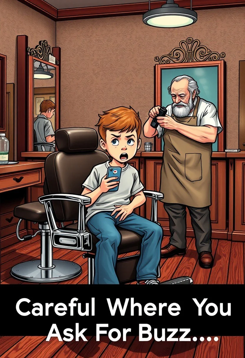Classic comic strip style, cowboy shot, in an old fashioned barbershop with a chrome and black leather chairs, big mirrors and dark mahogany hardwood floors and walls.
1 boy, is sitting a the chair in front of the old man, the boy is wearing wearing a T-shirt and blue jeans, holding a cellphone, the cellphone has the CivitAI logo on it. The boy is horrified as the barber has started giving him a buzzcut, eyes wide open in shock, mouth open to yell, afraid.
1 old barber is standing next to the boy, bored expression on his face, wearing an apron, cutting the top of the boy's hair off with electric clippers.
A title is runs across the bottom of the image reading "Careful Where You Ask For Buzz..."