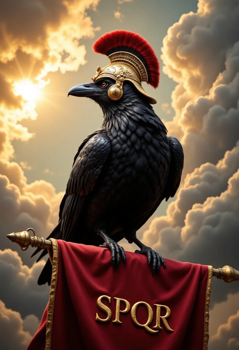 A photorealistic raven perched majestically on a crimson SPQR flag, the golden letters of SPQR glinting in the sunlight. The raven is adorned with a Roman centurion helmet, crafted from gleaming bronze with intricate carvings, complete with a bold red crest flowing back from the top. The bird's glossy black feathers reflect hints of light, adding depth and realism. The background is a dramatic sky filled with billowing clouds, illuminated by golden sunlight breaking through, evoking a sense of historical grandeur and power