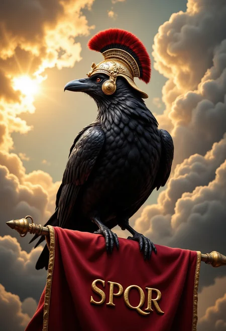 A photorealistic raven perched majestically on a crimson SPQR flag, the golden letters of SPQR glinting in the sunlight. The raven is adorned with a Roman centurion helmet, crafted from gleaming bronze with intricate carvings, complete with a bold red crest flowing back from the top. The bird's glossy black feathers reflect hints of light, adding depth and realism. The background is a dramatic sky filled with billowing clouds, illuminated by golden sunlight breaking through, evoking a sense of historical grandeur and power