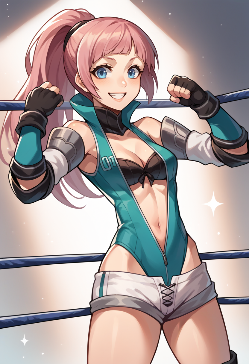 score_9, score_8_up, score_7_up, source_anime BREAK 1girl, solo, 
 <lora:felicia-fe-richy-v1_xl:1> feliciarnd, pink hair, ponytail, blue eyes
 <lora:zs_FighterArmorXL:1> p4fighterarmor, leotard, cleavage, navel, shorts, sleeveless, gloves, knee boots, choker, 
cowboy shot, dynamic pose, wrestling ring, gym, assertive female, smile