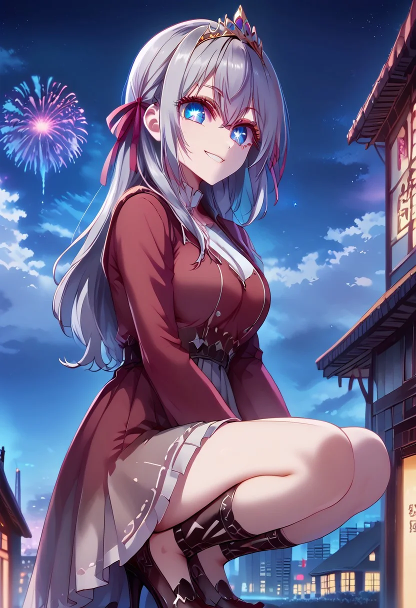 score_9, score_8_up, score_7_up,source_anime, jvdaniang, planet size, 1girl, alyav4, long hair, grey hair, blue eyes, ribbon, hair ribbon, hair between eyes, symbol-shaped pupils, eyelashes, tiara, deep v neck dress, g0dd3ss, dress, laced high heels, large breasts, night scene, squatting, squatting on building, surrounded by buildings, full body shot, facial expression, kind, smile, head tilt, soft eyes, dreamlike atmosphere, fireworks, glowing edges, mystical, high contrast, ethereal light, side view, gl0w, glow, Extreme Size Difference, gradient eyes, beautiful detailed eyes, high gradient eyes, detailed eyes, high definition eyes,
