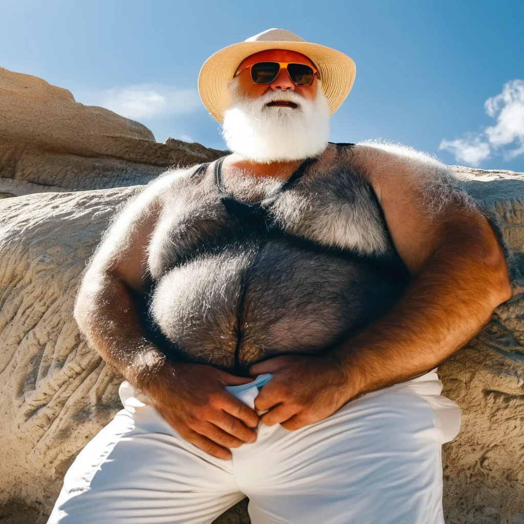 8k portrait photo of a huge man leaning against a rock on a sandy beach, side view, huge bushy white beard, very hairy, white chest hair, white arm hair, shorts, hyperrealistic, sunlit, shadows<lora:Hairy_Male_Extreme-000009:1>