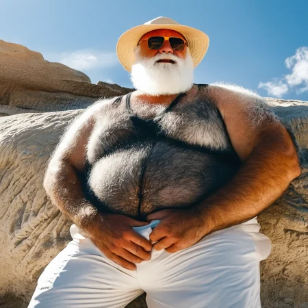 8k portrait photo of a huge man leaning against a rock on a sandy beach, side view, huge bushy white beard, very hairy,  white chest hair, white arm hair, shorts, hyperrealistic, sunlit, shadows<lora:Hairy_Male_Extreme-000009:1>