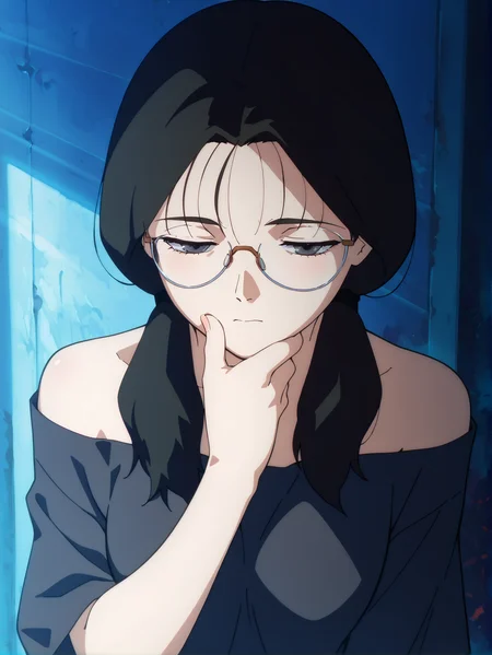 masterpiece, best quality, newest, absurdres, highres, 1girl, <lora:Yomoda_Chisa_IL1.1v0a:1.1> yomoda chisa \(sel\), anime coloring, anime screenshot, black hair, anime screencap, black hair, anime screencap, flat colors, flat shadows, grey eyes, perfect hands, woman, adult, glasses, half-closed eyes, black hair, twintails, low twintails, medium breasts, black oversized shirt, off-shoulder, bare shoulders,