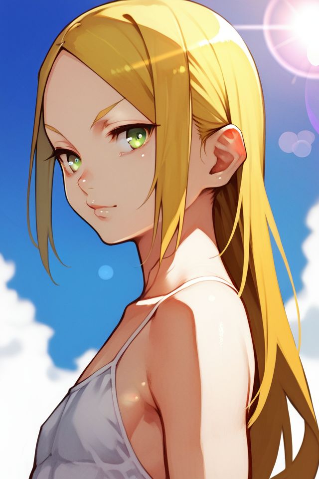 score_9, score_8_up, score_7_up, 1girl, :3, yellow hair, hair_over_eyes, dark_green eyes, flat chest,  lens flare <lora:yoshio_(55level)_PonyXL_style_v01:1>