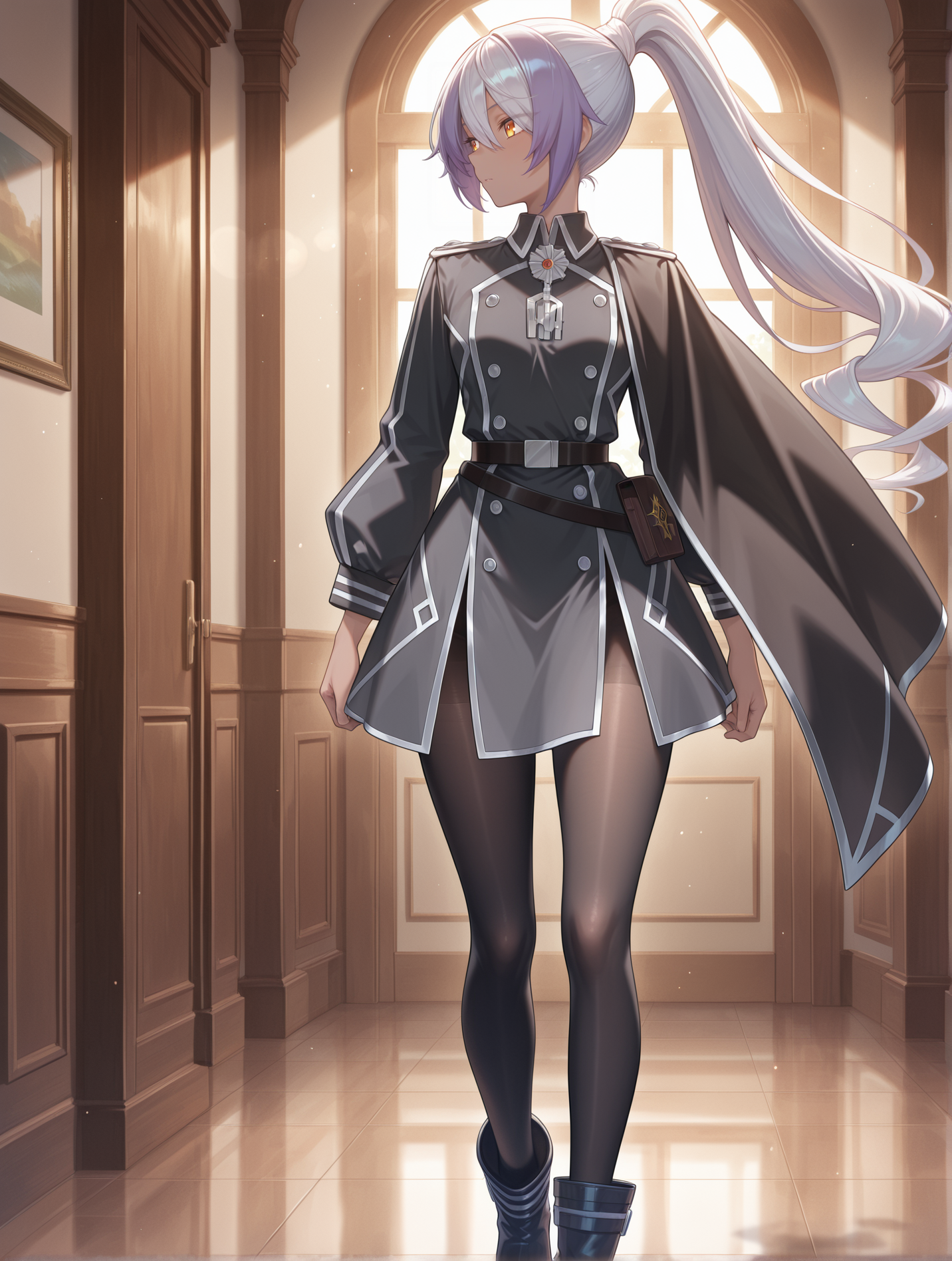 sky striker ace - azalea, black military uniform, 1girl, indoors,  left side cape, silver medal, black pantyhose, black boots,high ponytail, walking, 
masterpiece,best quality,amazing quality,very aesthetic,absurdres,newest,<lora:sky striker ace - camellia and azalea illusXL v2:0.75>,