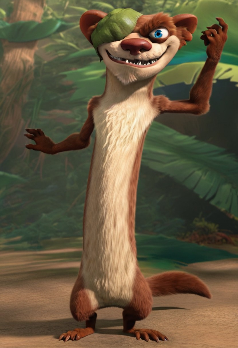 male, solo, buck, buck wild, buck_(ice_age), Buckminster, weasel, brown skin, white yellow counter shading, leaf eye patch on right eye, leaf eye patch, blue eye, weasel tail, underbite, fang, eyebrow, 
masterpiece, extremely detailed, 
jungle background, on branch, leaf, plant, standing, tree, tropical rainforest, 
furry male, finger claws, toe claws, 
sfw, dramatic pose, grin, looking at viewer