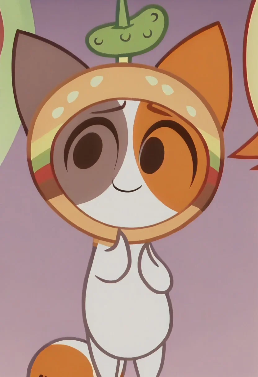 score_9, score_8_up, score_7_up, show accurate, screencap, solo, cheezborger, cat, burger, pickle, chibi, cute, solo, solo focus, dot eyes, pose, smile, solo, solo in panel,