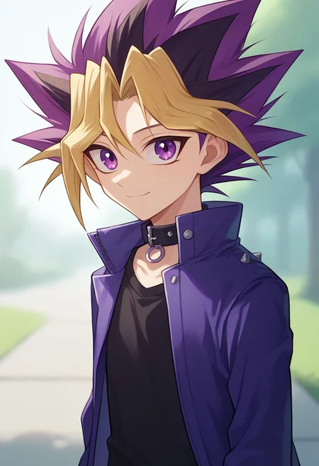 score_9, score_8_up, source_anime, highly detailed,
yugi, 1boy, skinny, cute, male focus, solo, dyed bangs, smile, purple eyes, blonde hair, spiked hair, bangs, shirt, collar, multicolored hair, jacket, black shirt, purple hair,
outdoor,