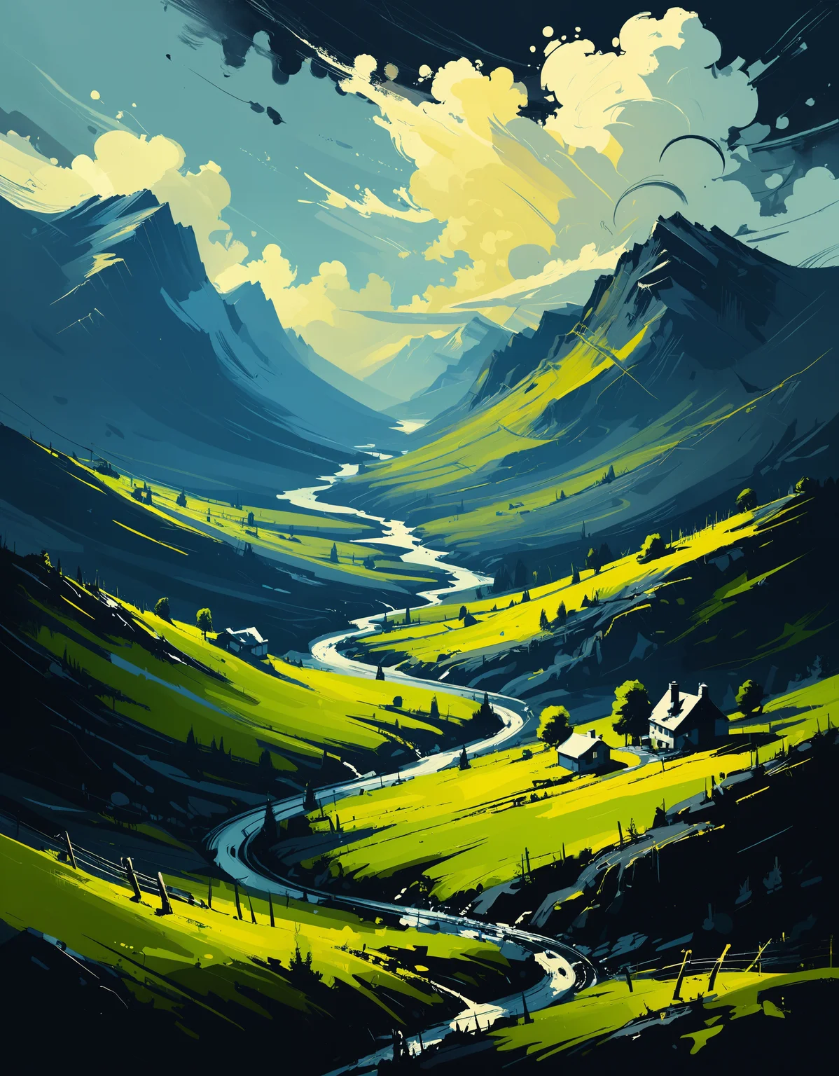 zavy-ngtvpnt, negative space, minimalism, painting, Demoscene, landscape of a Highland, it is very Pictorial, Hurricane, F/14, extremely stylish, detailed, sunny, ambient atmosphere, magnificent, epic, highly detail, vivid colors, cute, highly complex