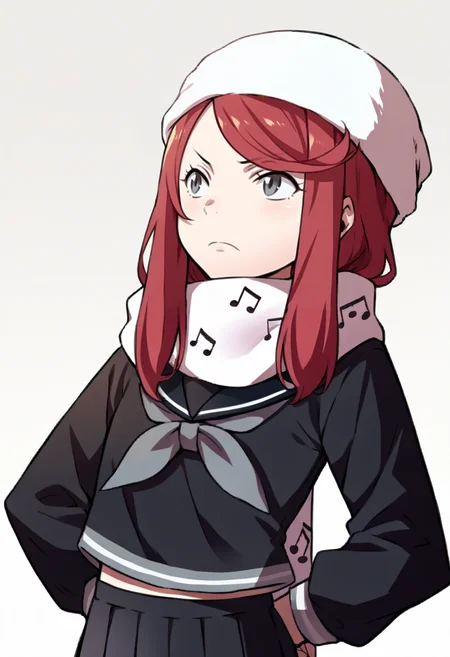 score_9, score_8_up, score_7_up, source_anime, BREAK solo, 1girl, <lora:zs_AwakeningPortraitsXL:1>, awakeningportraits, portraits, white background, <lora:Airiban-pdxl_Fp:1>, airiban, red hair, grey eyes, long hair, white beanie, school uniform, black serafuku, scarf, musical note print, skirt,