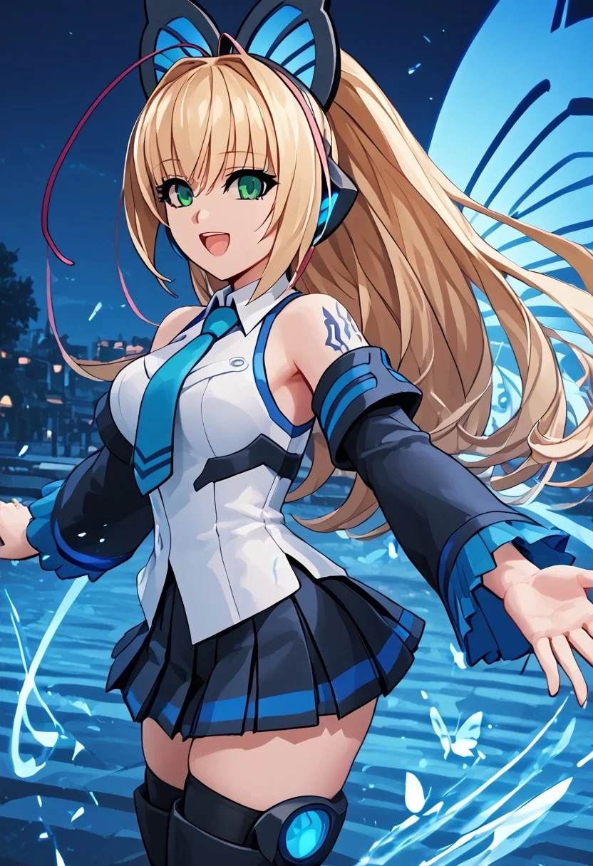 score_4,score_5,score_6,score_7_up,score_8_up,score_9 ((masterpiece,best quality,ultra detailed,highres,HD,4k:1.2)),
Azure Striker Gunvolt(Main),shining highlights,
1 girl,solo,girl focus,solo focus,upper body,face focus,
Lumen, blonde hair, light blonde hair, long hair, bangs, green eyes, ponytail, butterfly hair ornament, antennae,large breast,
white shirt,collared shirt,bare shoulders,sleeveless shirt,aqua necktie,detached sleeves,black sleeves,shoulder tattoo,fringe,black thighhighs,black miniskirt,pleated skirt,zettai ryouiki,thigh boots, sailor collar,thighs,microskirt,pleated skirt,socks,
blue
wings, butterfly wings,
night,idol stage,
Sing a song, reach out your hand, open mouth,smile, smile,