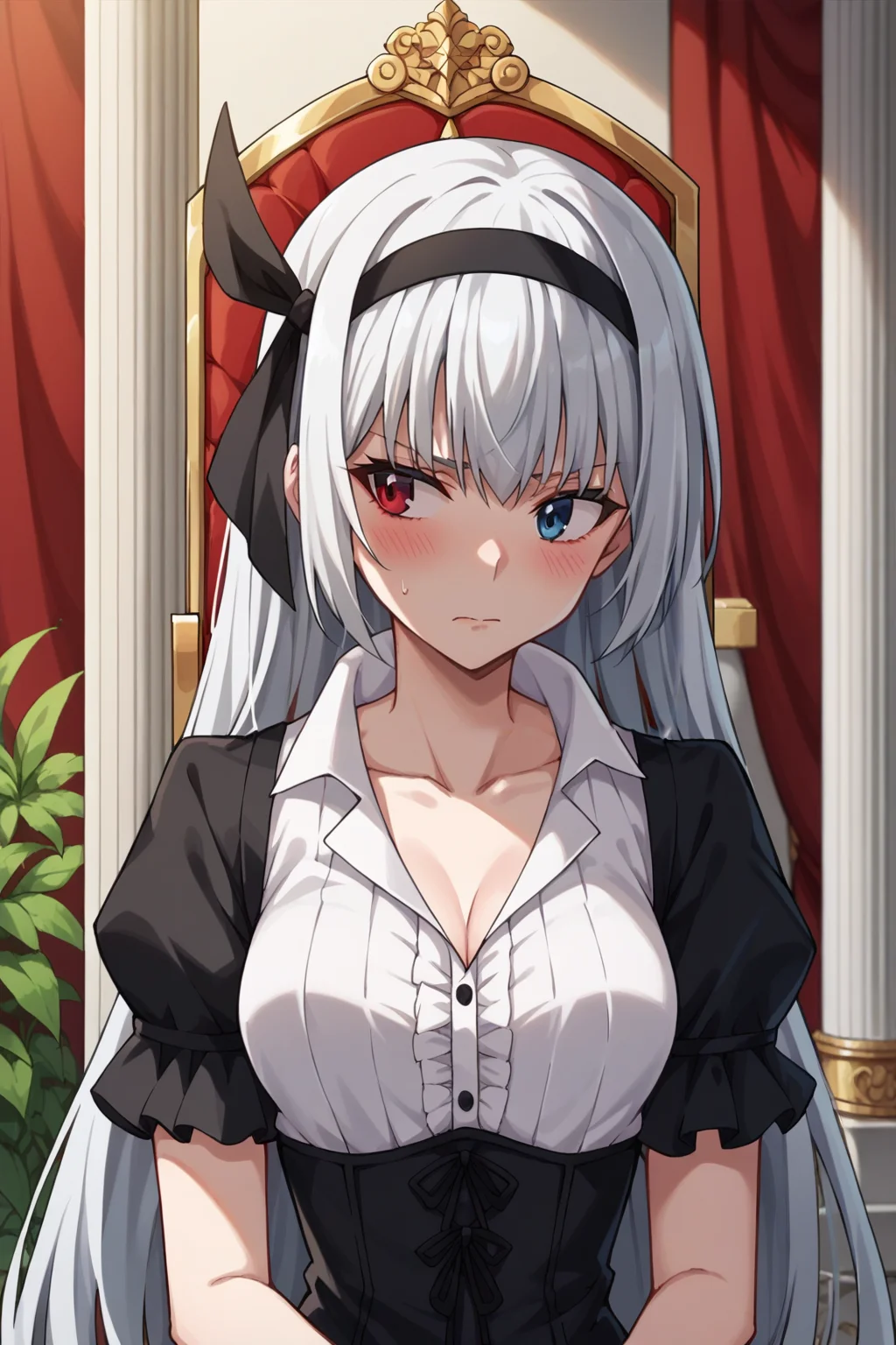 score_9,score_8_up,score_7_up,score_6_up,source_anime, prefect lighting, very aesthetic, intricate details, highly detailed background, masterpiece, high quality, prefect hands, best quality, solo, 1girl,
<lora:Luminous_Valentine_Tensura_V1_r1:.85>white hair, heterochromia, red eyes, blue eyes, long hair, head band,
black frilled dress, goth short dress, white collared shirt, collarbone, open collar, upper body, portrait,
looking to the side, embarrassed, blush, shy, embarrassed,
throne room, pillars, curtains,
(Beautiful, medium Breasts:1.2), natural breasts,