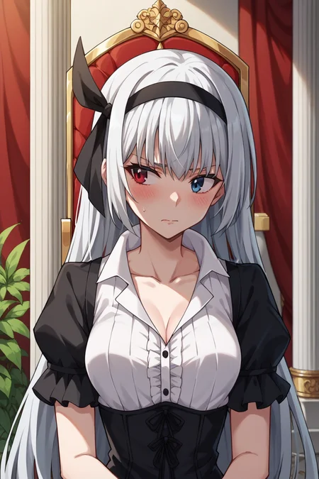 score_9,score_8_up,score_7_up,score_6_up,source_anime, prefect lighting, very aesthetic, intricate details, highly detailed background, masterpiece, high quality, prefect hands, best quality, solo, 1girl,
<lora:Luminous_Valentine_Tensura_V1_r1:.85>white hair, heterochromia, red eyes, blue eyes, long hair, head band,
black frilled dress, goth short dress, white collared shirt, collarbone, open collar, upper body, portrait,
looking to the side, embarrassed, blush, shy, embarrassed,
throne room, pillars, curtains,
(Beautiful, medium Breasts:1.2), natural breasts,