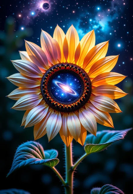 a time‑lapse scene of a sunflower turning into a galaxy, petals morphing into swirling nebulae under a midnight sky
, aidmaHiDreamStyle