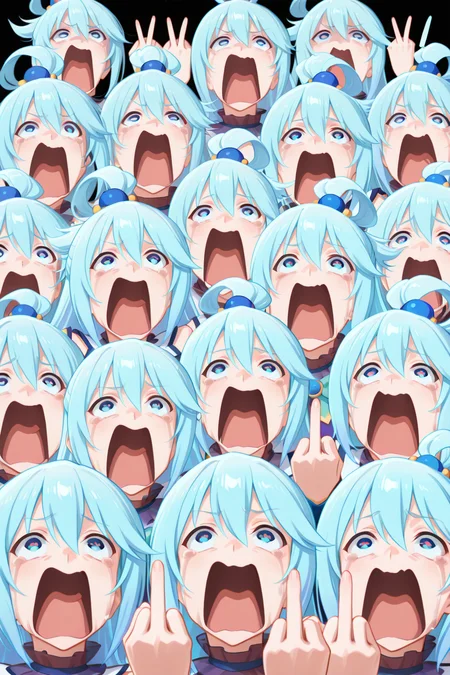 {masterpiece},{best quality},best detail,8k,
<lora:girls_lineup_IL:1>,lineup,
aqua \(konosuba\),<lora:meme_aquascreaming_illustriousXL:1>,aquascreaming,screaming,open mouth,crying with eyes open,middle finger,