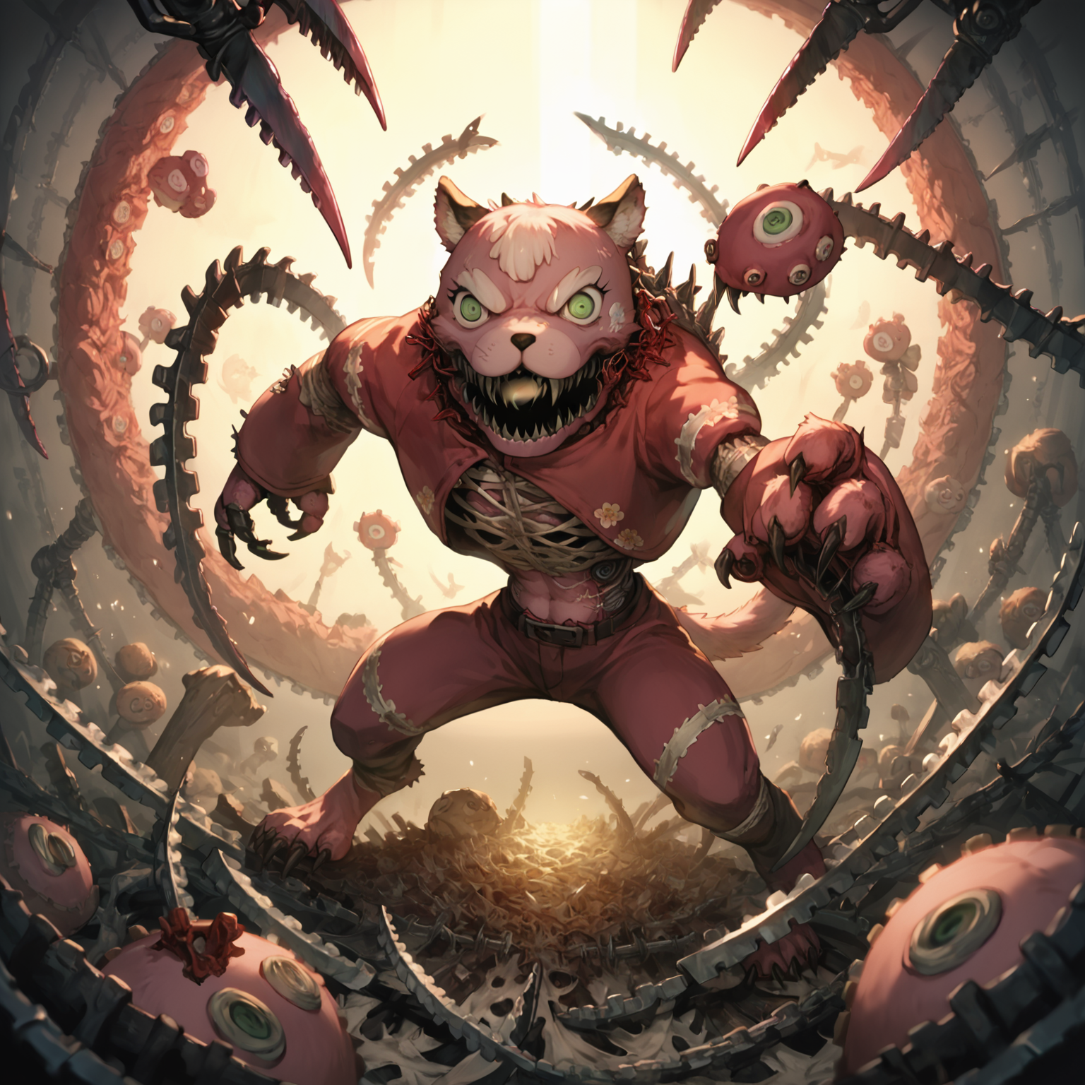 score_9, score_8_up, score_7_up, score_6_up, score_5_up, score_4_up,  source_anime, frightfur cheerilee, frightfur, dynamic pose, stuffing, chainsaw, blades, stitches, detailed, lace background, creative, figurative,  <lora:Frightfurfluffal1-000010:1>