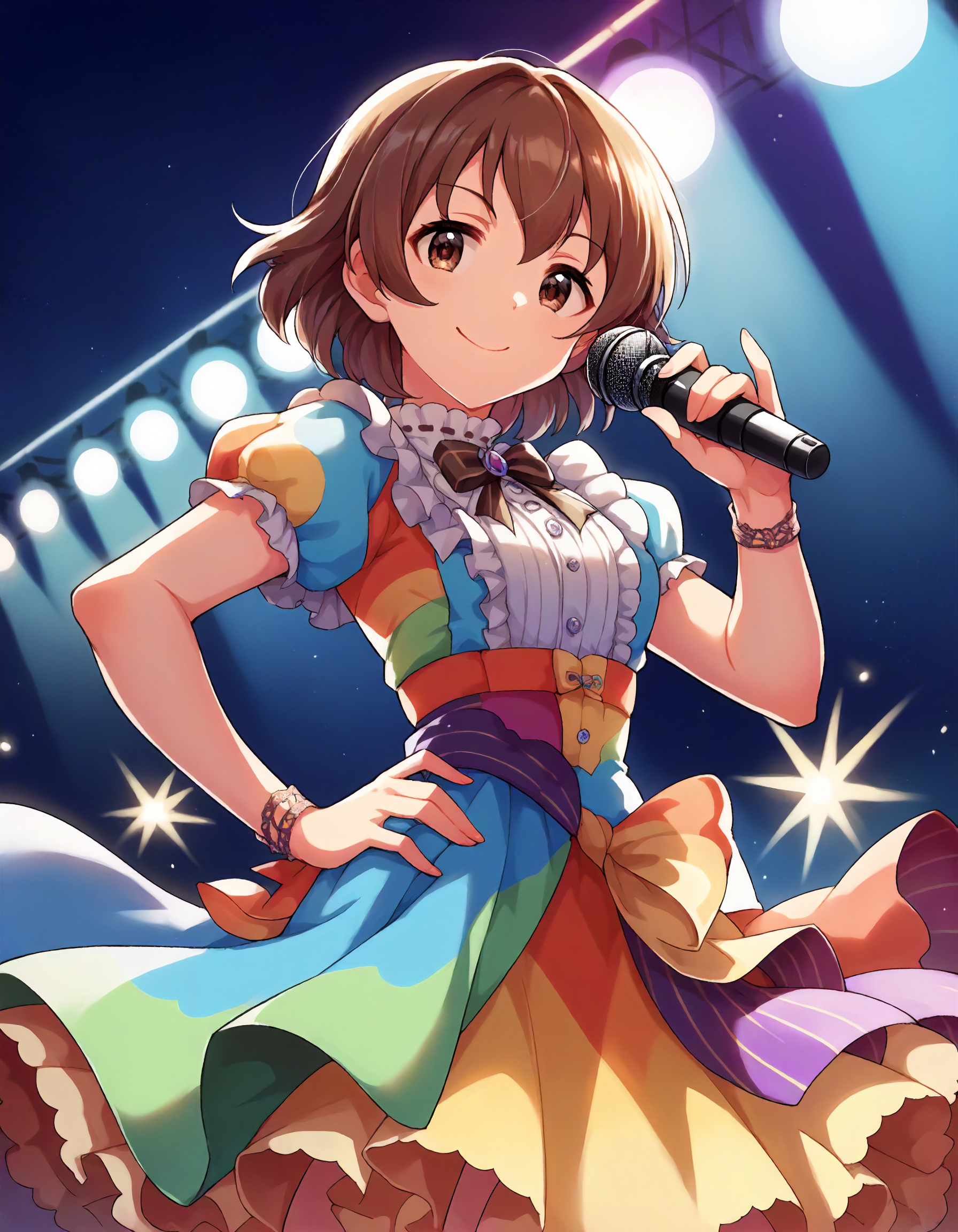 score_9,score_8_up,score_7_up,1girl,solo,cowboy shot,looking at viewer,smile,closed mouth,holding microphone,hand on hip,stage lights,
 <lora:kitahinako_ponyXLV6:0.8>,cgkhn,brown hair,short hair,brown eyes,
colorful dress,bow,frills