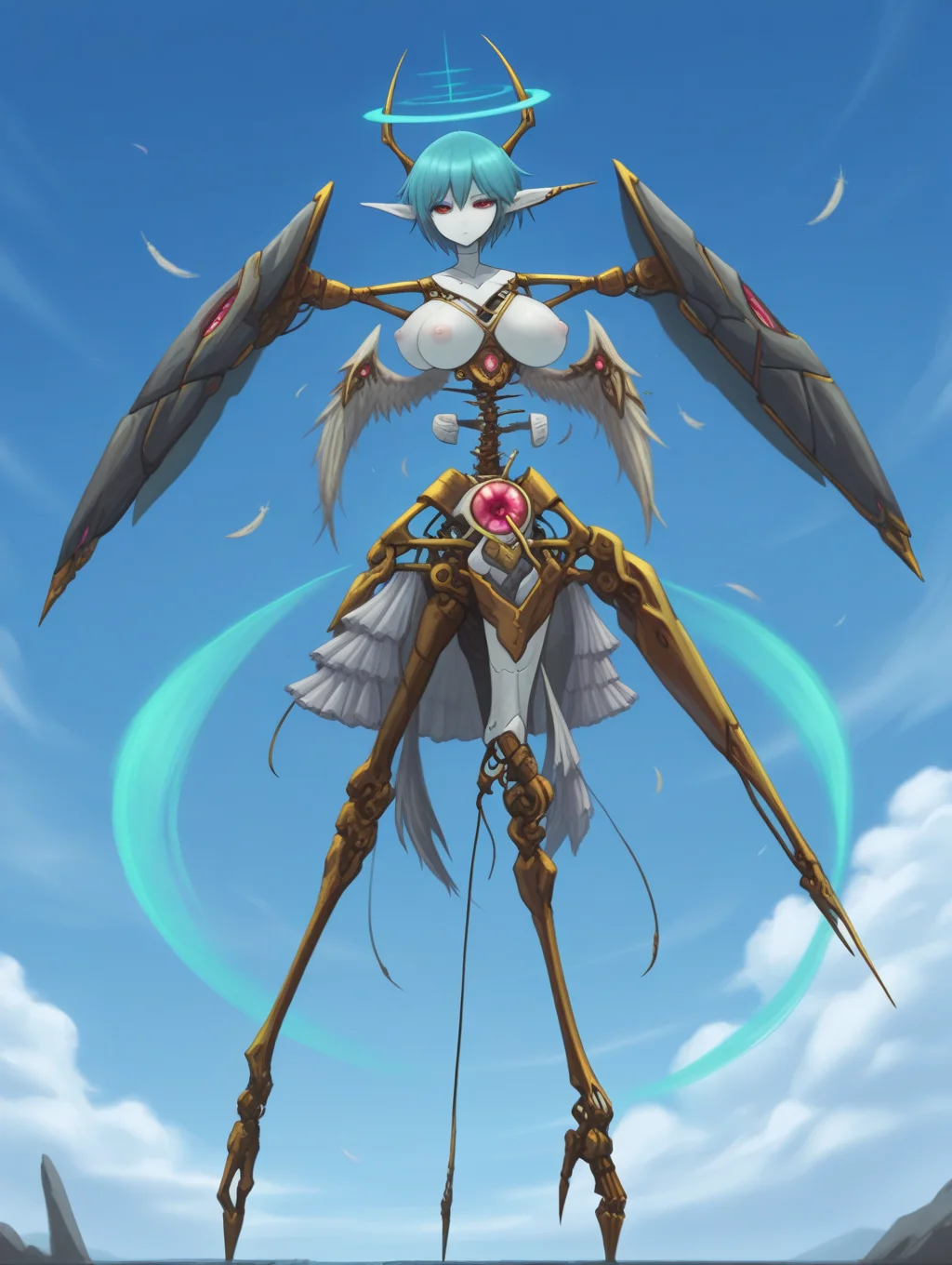 masterpiece, best quality, 1girl, Gnosis, aqua hair, blue hair, short hair, red eyes, pointy ears, white skin, halo, horns, wings, white feathered wings, joints, large breasts, 4 breasts, multiple breasts,  nipples, 4 nipples, no feet, amputee, no hands, no arms, colored skin, android, robot joints, frills,

Full body, sky, heaven, flying