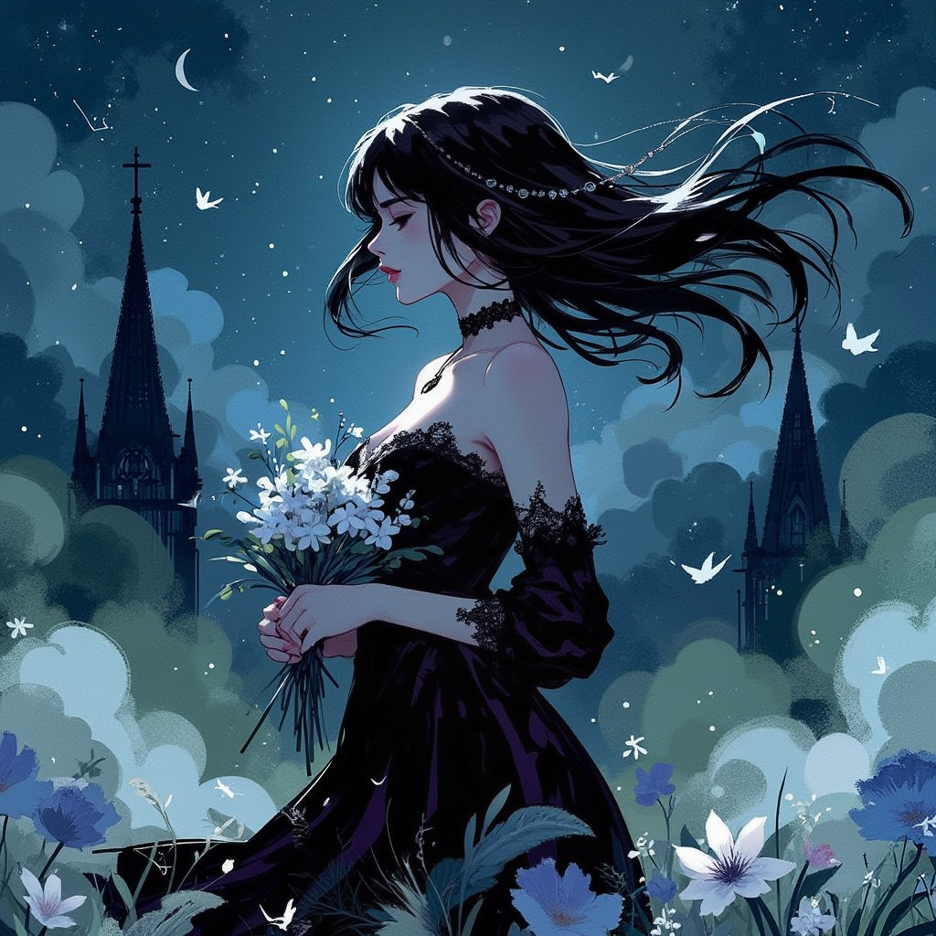 Special Ink-drawing mode, intricate linework with expressive contrasts, vibrant and muted colors blend harmoniously, era 2020s fantasy, gothic fashion with romantic undertones, solo, bold and imaginative style, Rating SFW, 2D flat anime, animeniji, Mh1$AgThS2, cartoon-style.

A gothic woman stands under a starry night sky, her pale skin glowing faintly in the moonlight. She wears a long, flowing black dress with delicate lace sleeves and intricate silver embroidery along the hem, resembling crescent moons and stars. A soft breeze gives movement to her dress, revealing glimpses of dark purple undertones beneath the fabric.

Her hair, a cascade of raven-black waves, is adorned with small silver stars and tiny braids intertwined with threads of shimmering silver. She holds a bouquet of white flowers at her side, their delicate petals glowing faintly against the darkness. A lace choker with a crescent moon pendant rests at her throat, enhancing her elegant yet mysterious aura.

The background features a dramatic starry sky, with constellations subtly etched in vibrant, muted tones. Gothic spires loom faintly in the distance, their silhouettes blending into the horizon. The ground beneath her feet is textured with watercolor-like blends of muted greens and blues, fading into the mist that swirls gently around her.

Soft, diffused lighting highlights her form, emphasizing the intricate textures of her clothing and the serene, contemplative expression on her face. The color palette combines deep midnight blues, soft purples, and muted silver tones, creating an atmosphere of mystery and grace.