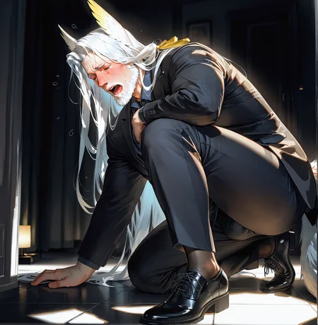 <lora:HLG5:0.7>,1boy,male focus,black pants,mature male,long hair,beard,white hair,animal ears,white hair,old,old man,black footwear,pantyhose,thick thighs,thighs,formal,moaning,in pain,formal,full-face blush,streaming tears,
aixiwuganda_(20222192),(artist:niichi \(niichi21\):0.5),(artist:jezz mons art:0.8),(artist:my eight:0.8),facial hair,stubble,
solo,muscular male,bara,mature,asian,short hair,male focus,facial hair,
very awa,masterpiece,best quality,absurdres,newest,perfect quality,detailed background,intricate details,
DARK,DARK BACKGROUND,LOW-KEY LIGHTING,<lora:Anime Summer Days 2 Style SDXL_LoRA_Pony Diffusion V6 XL:0.6>,<lora:cfg_scale_boost:0.7>,<lora:Body Type_alpha1.0_rank4_noxattn_last:1>,full body,, score _9,score_8_up, score_7_up,source_anime,rating_explicit,