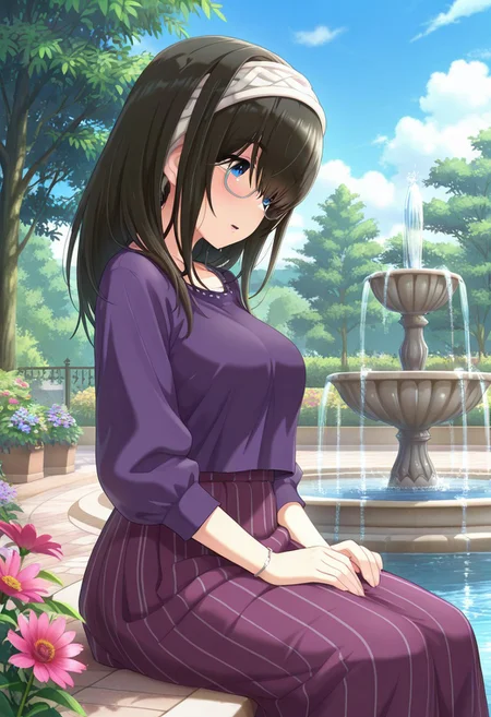 masterpiece,best quality,amazing quality, sagisawa fumika, black hair, blue eyes,1girl, flower, skirt, fountain, long hair, outdoors, sitting, glasses, purple shirt, jewelry, sky
