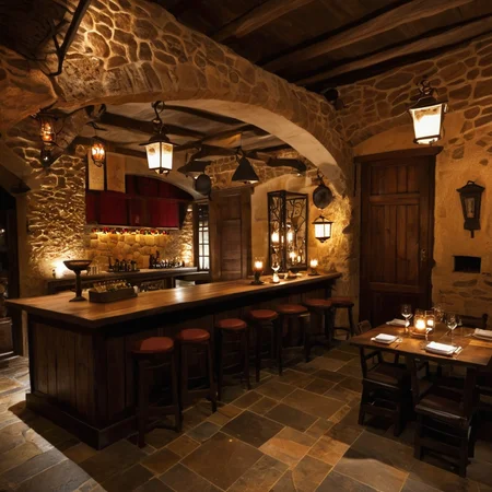 skybar,<lora:20240705-1720127504546:0.6>,(wine cabinet:1.2),(bar counter:1.2),(wine bottle:1.2),(wine glass:1.1),- Features: Wooden tables and chairs,rough stone floors,and iron pots hanging over the fireplace create a cozy and primitive atmosphere.,
- Atmosphere: Low ceilings and a crackling fireplace provide warmth and comfort,with laughter and conversation filling the air.,
- Style: Traditional medieval style,using dark browns and earth tones,emphasizing the textures of wood and stone,and rough handcrafted items.,
- Background: The interior is decorated with wall hangings,old maps,and shields,with torches and lanterns lining the walls to add a sense of time.,
- Lighting: The dim light from torches and lanterns creates an antique and storytelling ambiance.,