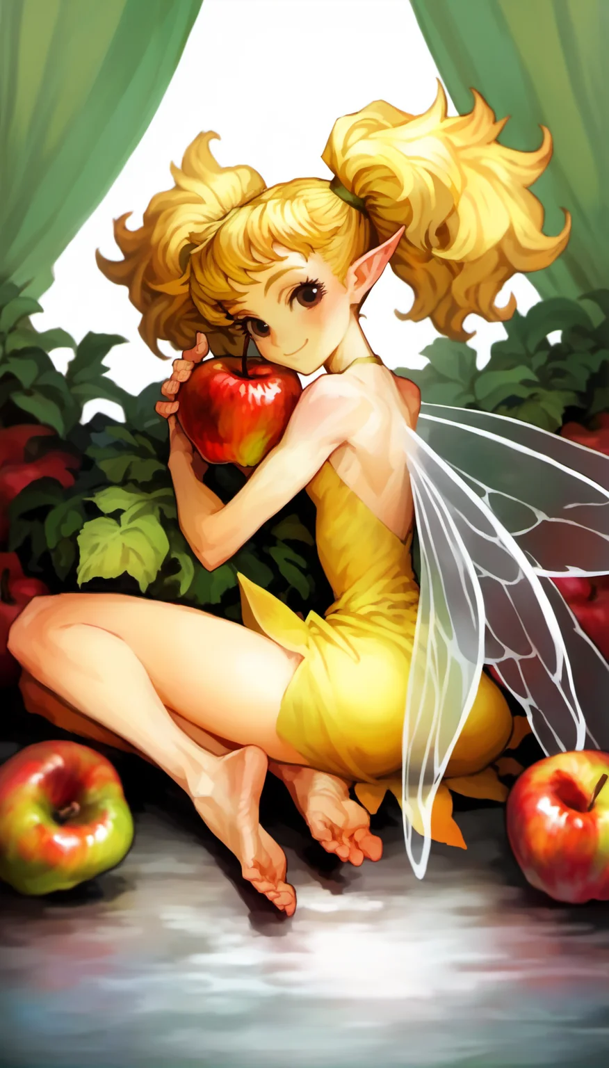 score_9,score_8_up,score_7_up,
<lora:vanillaStyle3:0.9>,
vanillastyle,
tiki,fairy,1girl,solo,yellow hair,pigtails,brown eyes,looking at viewer,smile,pointy ears,translucent delicate wings,yellow dress with a jagged hem,barefoot,bare shoulders,full body,sitting,wariza,back view,hugging a very big apple,white background,